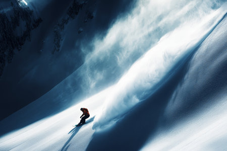 Snowboarder descends a powdery slope, creating a dynamic trail of fresh snow behind themの写真素材