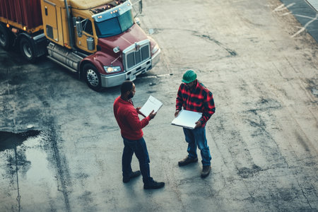 Black freight transportation manager and truck driver reviewing checklist in parking lot settingの写真素材