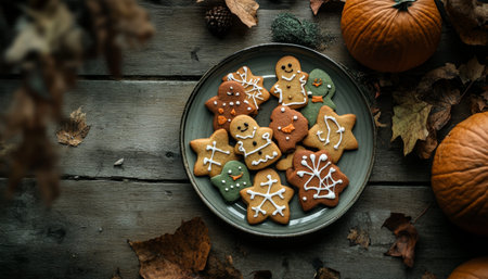 Halloween themed gingerbread cookies arranged on a wooden table for festive celebrations