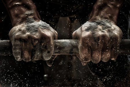 Determined weightlifter gripping barbell showcases strength and focus in olympic sport