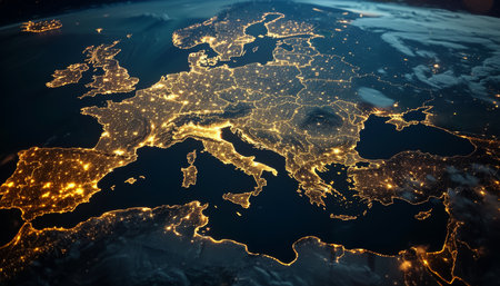 Aerial view of illuminated Europe at night captured from space in high qualityの写真素材