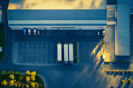 Aerial view of a modern warehouse and trucking company headquarters under bright sunny skies