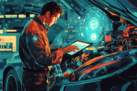 Innovative car mechanic utilizing tablet and hologram for engine diagnostics in auto repair serviceの写真素材