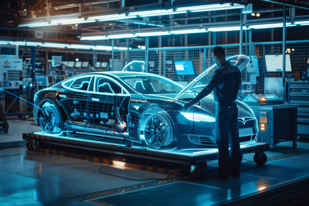 Automotive engineer using advanced tech on futuristic assembly line for car manufacturingの写真素材