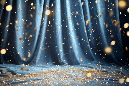 Abstract bokeh lights and golden confetti on a blue curtain creating a dreamy atmosphereの写真素材