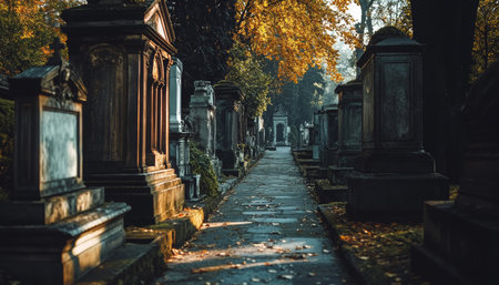 Elegant cemetery featuring ornate marble tombstones and impressive statues in a serene settingの写真素材