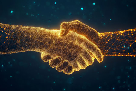 Digital handshake glowing wireframe hands symbolizing trust and partnership in photographyの写真素材