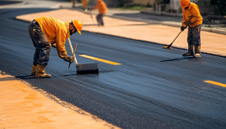Workers applying lane markings on a newly paved road surface for traffic guidance and safety