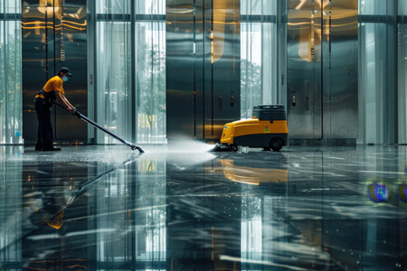 Efficient floor cleaning in modern office with advanced equipment for contemporary maintenance tasks