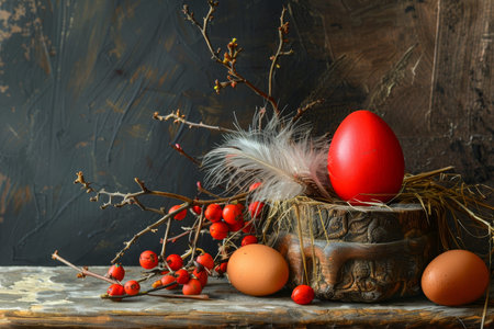Easter still life red egg, colorful easter eggs, feathers on vintage wooden table