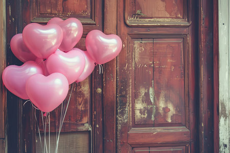 Valentine's day love pink heart balloons emerging from a doorway for romantic conceptの写真素材