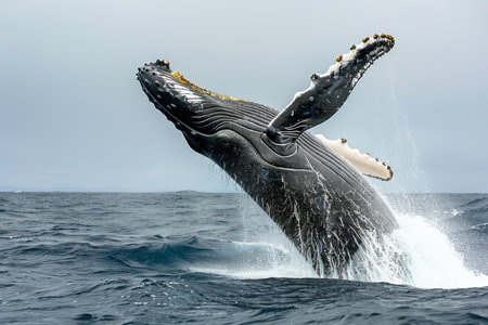Humpback whale breaching in puerto lopez, ecuador s waters, featuring megaptera novaeangliaeの写真素材
