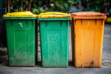 Vibrant recycling bins in urban setting green, orange, and yellow for waste management awarenessの写真素材