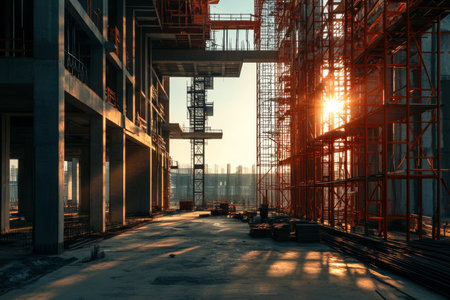Construction site photography showcasing industrial development and ongoing building engineeringの写真素材