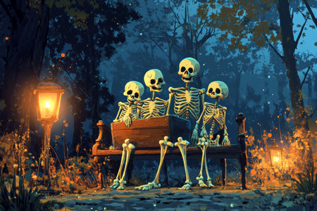 Spooky cartoon skeleton family hauling a coffin through a dark forest with lanterns and websの写真素材