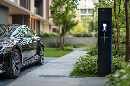 Public electric vehicle charging station in a modern urban residential area for eco friendly cars