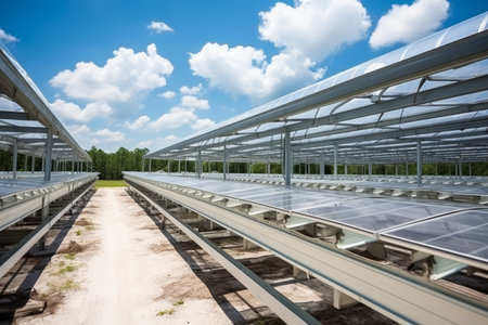 Large solar panel array in a beautiful summer field landscape, generating sustainable energyの写真素材