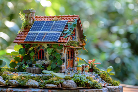 Eco friendly miniature house with solar panels and plants, symbolizing sustainability on a sunny dayの写真素材