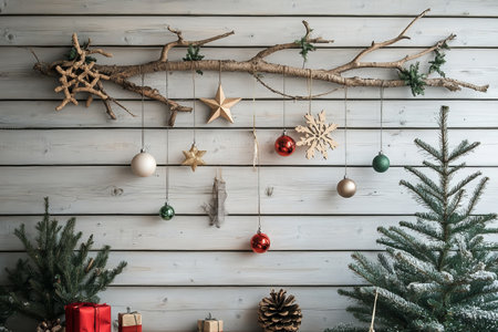 Cozy wooden branch display with festive ornaments infuses holiday spirit into the home decorの写真素材