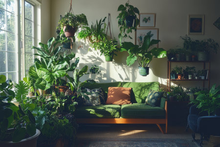 Stylish living room with white walls, green couch, and a vibrant array of hanging plantsの写真素材