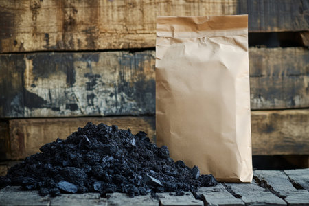 Biochar concept blank label paper bag and biochar pile on wooden pallet backgroundの写真素材