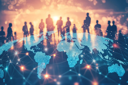 Diverse multinational team connecting through global communication networks for marketing campaigns