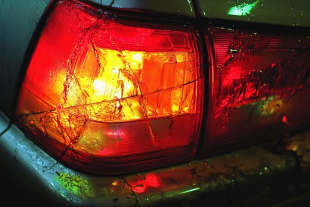 Close up of a damaged car taillight showcasing vibrant colors and reflections in a garage