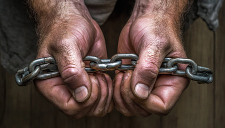 Male hands in handcuffs symbolizing captivity and the struggle for independence and freedomの写真素材