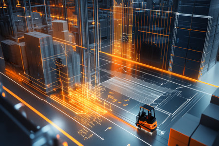 Illuminated warehouse scene with 3d data visualization and forklifts amidst holographic elementsの写真素材