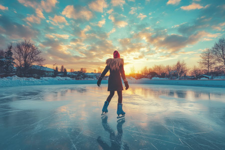 Stunning woman ice skating at sunset on a winter ice rink in a serene atmosphere