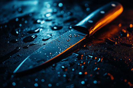 Close up of two knives on a wet surface with water droplets a visual contrast in sharpnessの写真素材