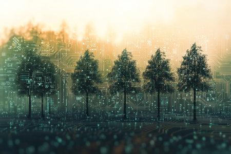 Digital trees grow from a circuit background, merging nature and technology in a future landscape.