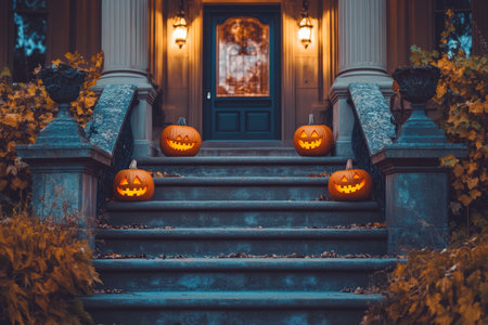 Charming halloween scene jack o lanterns adorning the steps of a grand mansionの写真素材