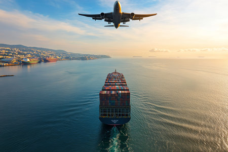 Cargo plane soaring over busy container ship, highlighting global trade with scenic ocean viewの写真素材
