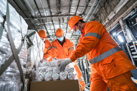 Medical logistics team packing temperature sensitive drugs for life saving transport solutionsの写真素材
