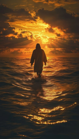 Christ walking on water at sunset a spiritual miracle of faith and tranquility on calm watersの写真素材