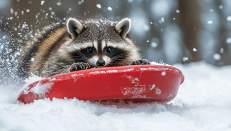 The fun loving raccoon enjoys winter wonderland sledding adventures in a snowy landscapeの写真素材