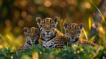 Majestic jaguar family mother and two young cubs captured in high quality imageの写真素材