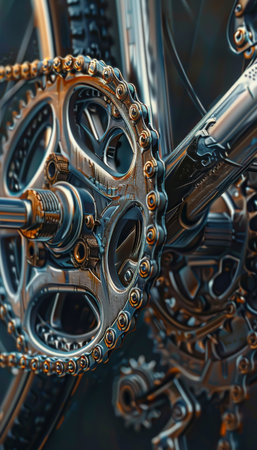 Detailed bicycle chain and gears with intricate mechanical design in olympic sport themeの写真素材