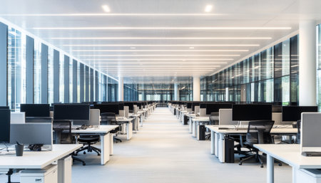 Elegant and minimalist open plan office featuring ergonomic workstations in organized rowsの写真素材
