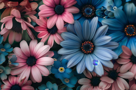 Detailed close up of stunning blue and pink flowers in vibrant colors for enhanced search relevanceの写真素材
