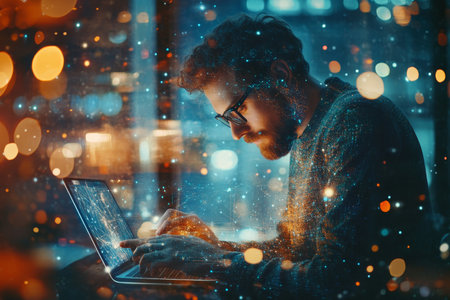 Futuristic technology man using laptop and mobile phone in a digital network environmentの写真素材