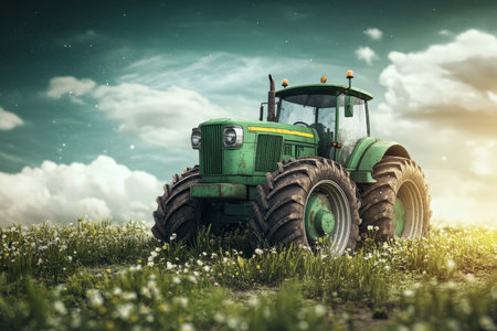 3d illustration showcasing a vibrant green tractor placed on the surface of planet earthの写真素材