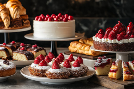 Modern patisserie showcase tempting array of cakes, croissants, and delectable pastriesの写真素材