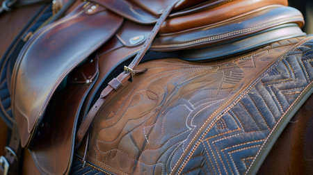 Close up of equestrian gear saddle and stirrups prepared for olympic competition in summer games