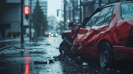 Wrecked vehicle on rainy street post collision with financial protection in viewの写真素材