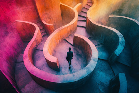 Surreal imagery of a person navigating an intricate maze filled with ethereal colors and detailsの写真素材