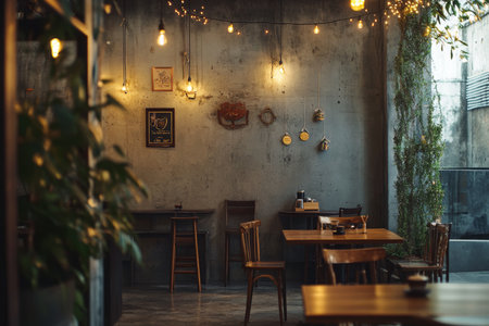 Cozy tea space featuring rustic decor, warm lighting, wooden furniture, and lush greeneryの写真素材