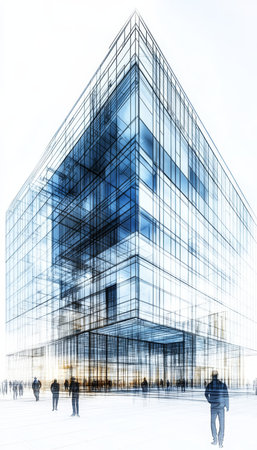 Modern architectural 3d wireframe blueprint with glass facade and construction workers on siteの写真素材