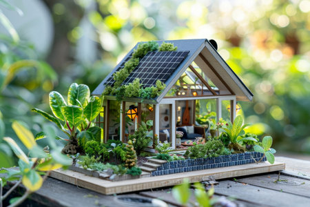 Eco friendly miniature house with solar panels and plants on sunny day sustainability concept